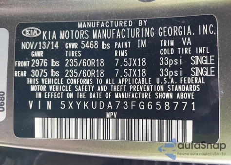 2015 Kia Sorento Ex V6 from USA, damaged, VIN 5XYKUDA73FG658771